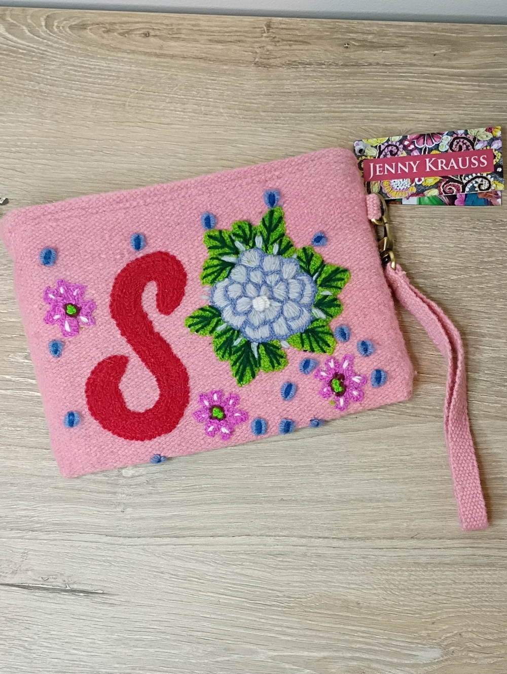 Jenny Krauss Monogram S  Floral Embroidered Wool Clutch Pouch NWT
